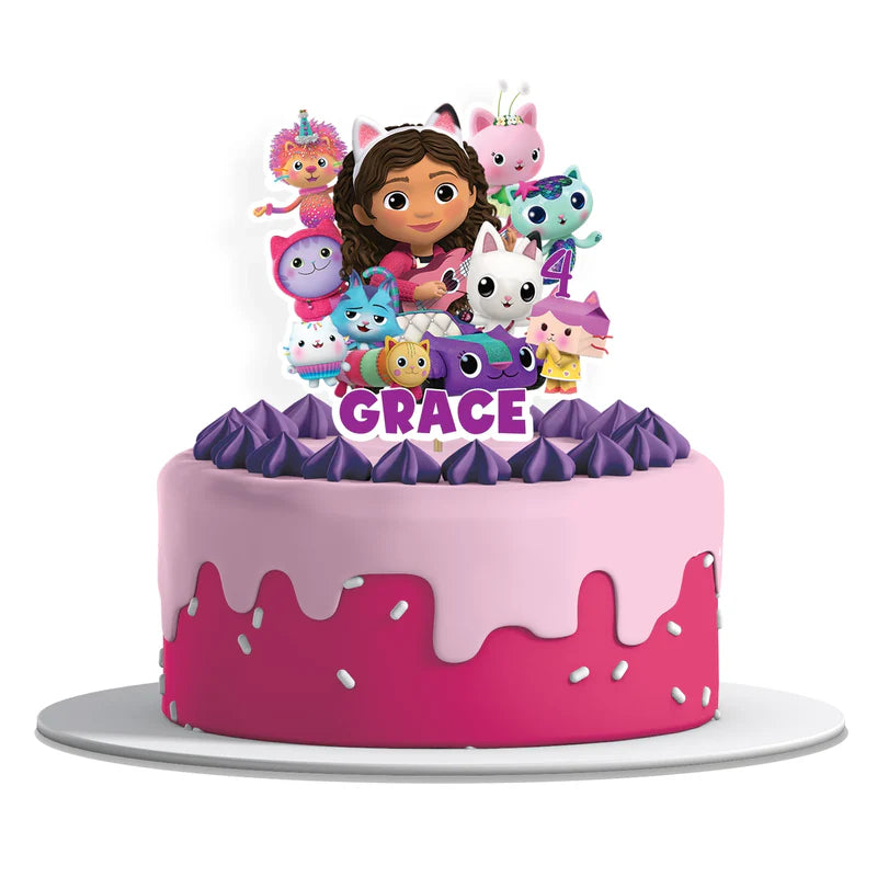 Gabbys Dollhouse cake toppers personalized with name in bright pastel colors on white background flat lay