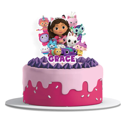 Gabbys Dollhouse cake toppers personalized with name in bright pastel colors on white background flat lay