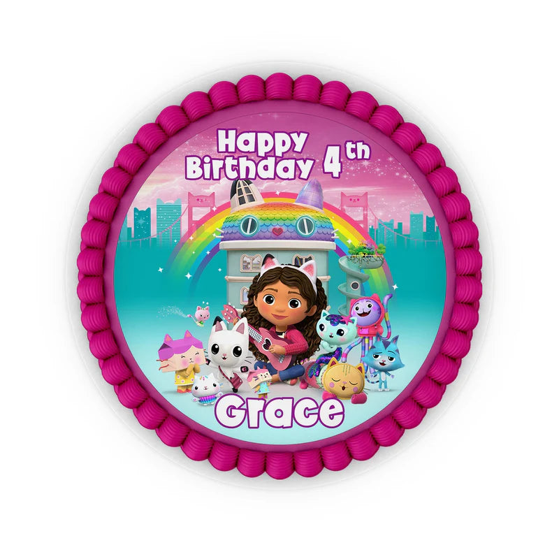 Gabbys Dollhouse icing cake images with vibrant edible design printed on sugar sheet flat lay on table