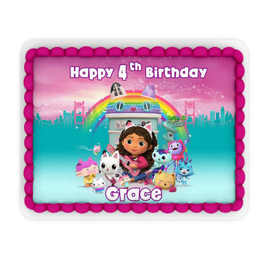 Gabbys Dollhouse sheet cake images with pastel themed edible print on large icing sheet flat lay view