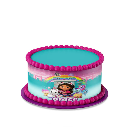 Gabbys Dollhouse edible cake strips with colorful character design printed on icing sheet close up view