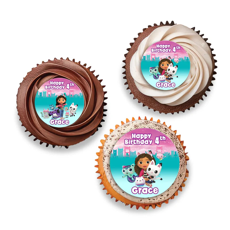Gabbys Dollhouse cupcake toppers with pastel character design circle cut personalized on white background