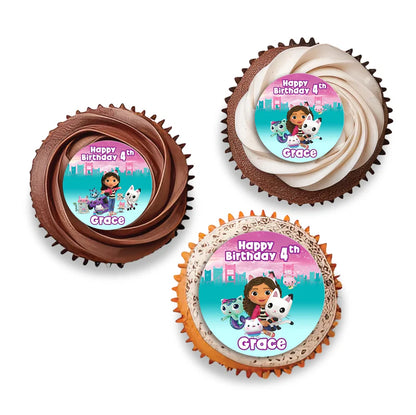 Gabbys Dollhouse cupcake toppers with pastel character design circle cut personalized on white background