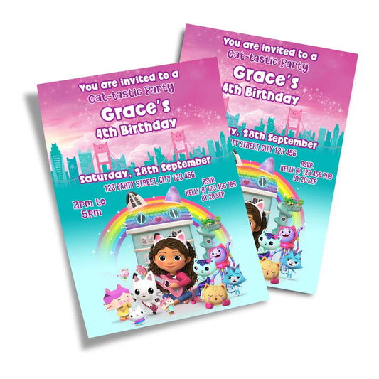 Gabbys Dollhouse birthday card invitations with pastel colors and playful themed graphics flat lay