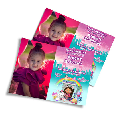Gabbys Dollhouse photo card invitations personalized with child’s photo pastel themed design on white background