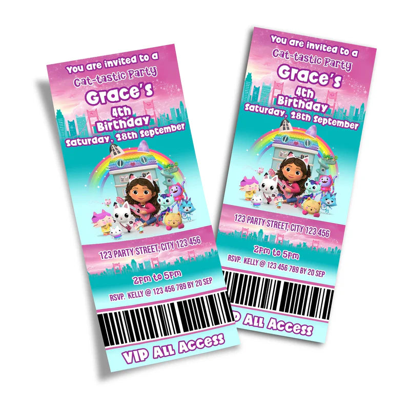 Gabbys Dollhouse birthday ticket invitations with pastel themed graphics in rectangle card layout flat lay