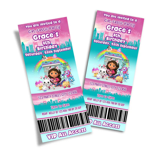 Gabbys Dollhouse birthday ticket invitations with pastel themed graphics in rectangle card layout flat lay
