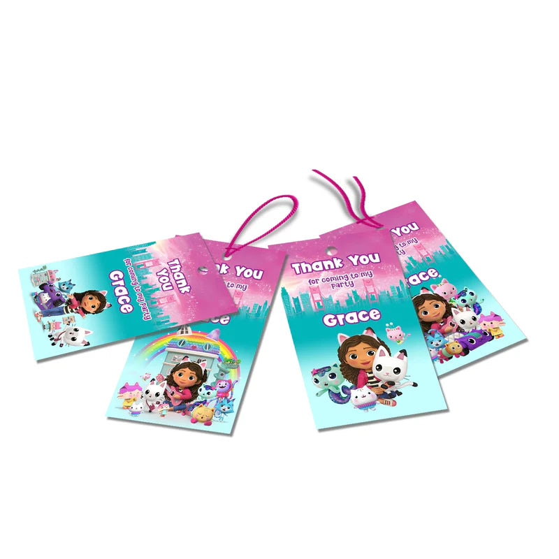 Gabbys Dollhouse thank you tags pastel character design rectangular cut printed on cardstock flat lay