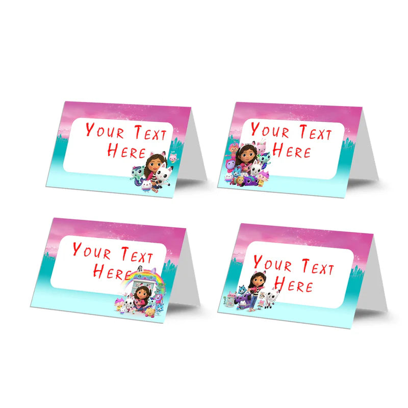 Gabbys Dollhouse food cards with pastel themed designs folded tent style flat lay on white background