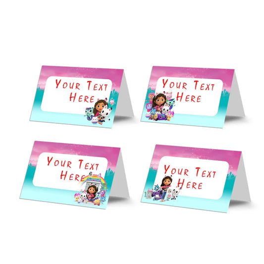 Gabbys Dollhouse food cards with pastel themed designs folded tent style flat lay on white background