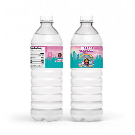 Gabbys Dollhouse water bottle label pastel themed wrap with colorful design flat lay on white background