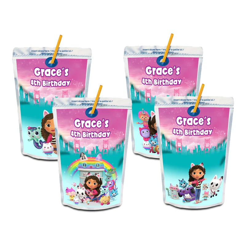 Gabbys Dollhouse juice pouch label with pastel character design flat lay on white background