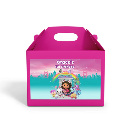 Gabbys Dollhouse treat box label pastel themed wrap with playful design flat lay on white surface