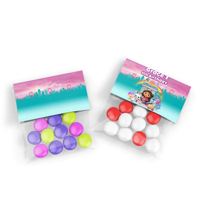 Gabbys Dollhouse treat bag topper label pastel themed fold over design flat lay on white background