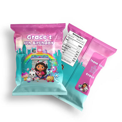 Gabbys Dollhouse chips bag label pastel themed wrapper with colorful design flat lay on white background