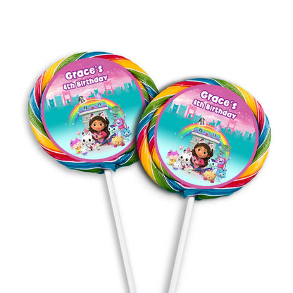 Gabbys Dollhouse lollipop label pastel round design with colorful graphics flat lay on white background