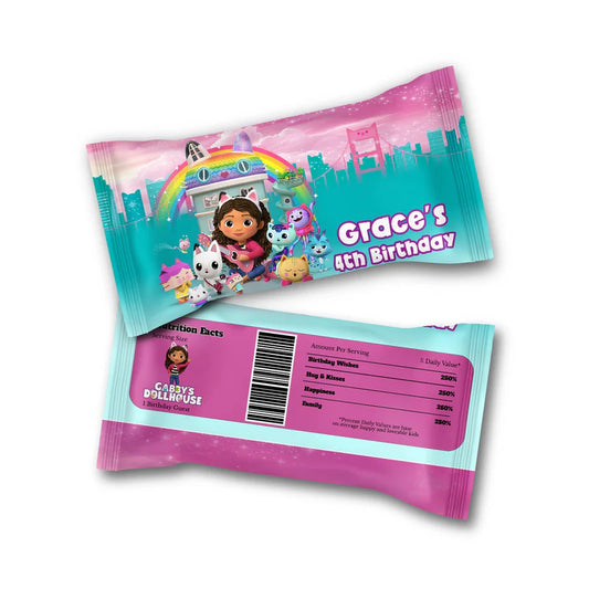 Gabbys Dollhouse Skittles label pastel themed candy wrapper flat lay on white background