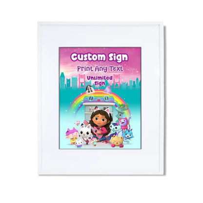Gabbys Dollhouse custom sign with pastel themed design rectangle layout flat lay on white surface