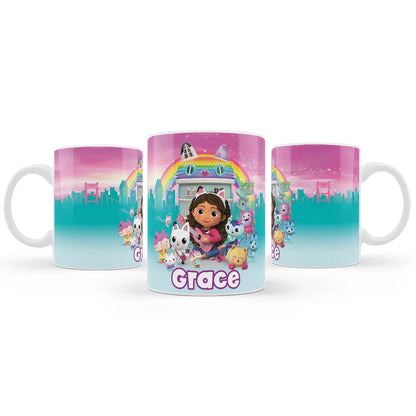 Gabbys Dollhouse sublimation mug with pastel design printed on white ceramic mug product mockup