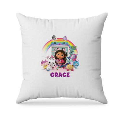 Gabbys Dollhouse sublimation pillowcase pastel themed design printed on white fabric flat lay on bed