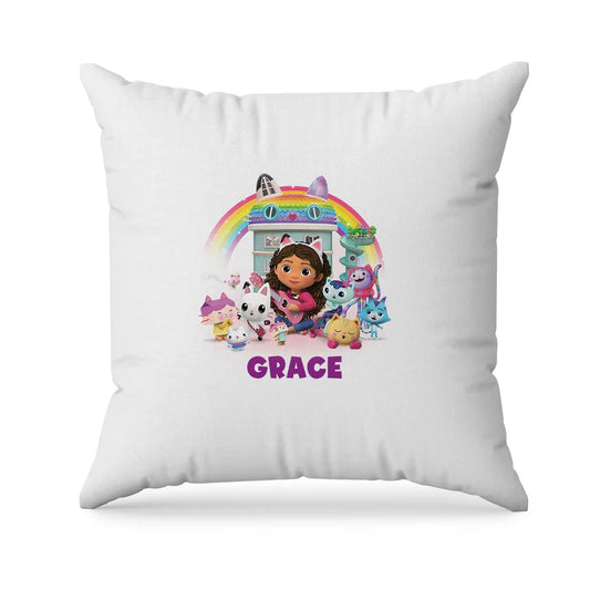 Gabbys Dollhouse sublimation pillowcase pastel themed design printed on white fabric flat lay on bed
