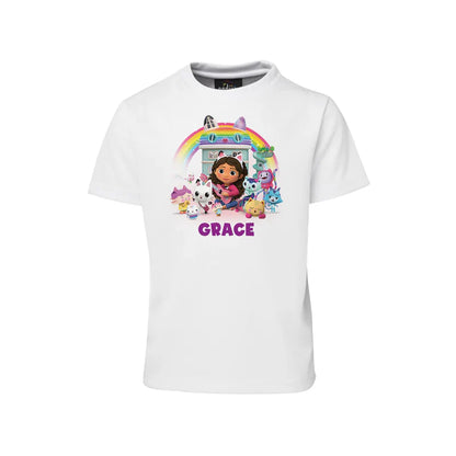 Gabbys Dollhouse sublimation T-shirt pastel themed graphic printed on white cotton shirt flat lay