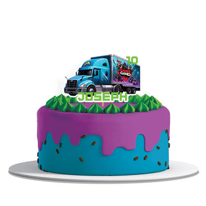 Game Truck personalized cake toppers, bold gaming theme, circular cutouts on white background