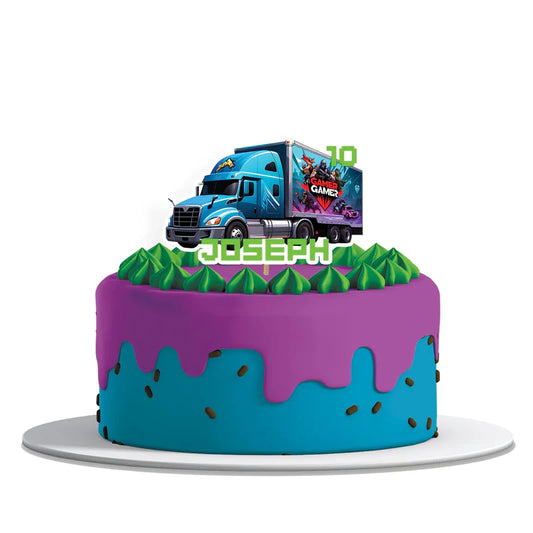 Game Truck personalized cake toppers, bold gaming theme, circular cutouts on white background