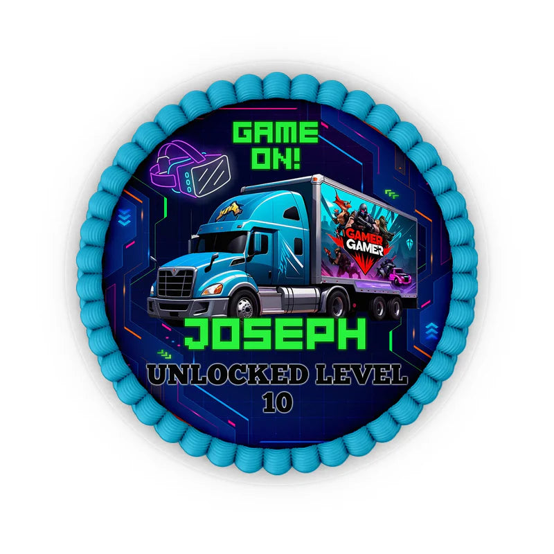 Game Truck edible icing cake images, vibrant gaming graphics, printable sheet on white background