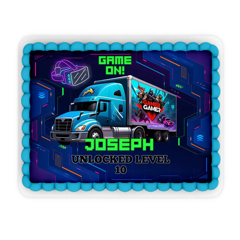 Game Truck edible sheet cake images, bold themed layout, rectangular print on white background