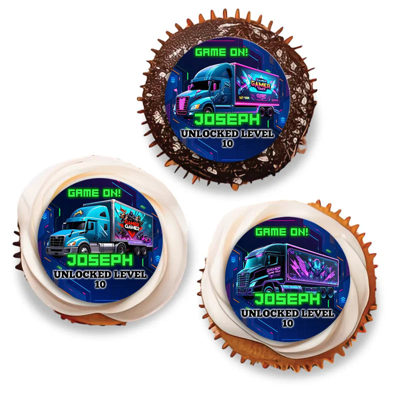 Game Truck personalized cupcake toppers, gaming theme circles, party set on white background