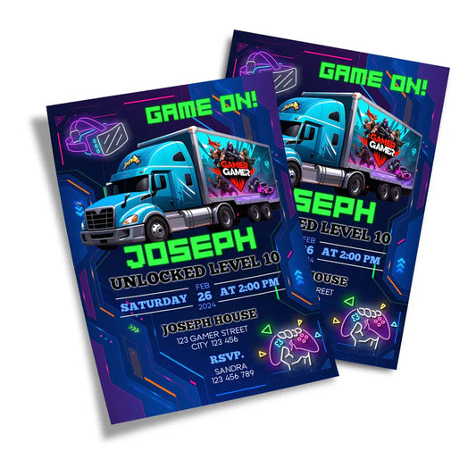 Game Truck birthday card invitations, bold gaming design, flat card layout on white background