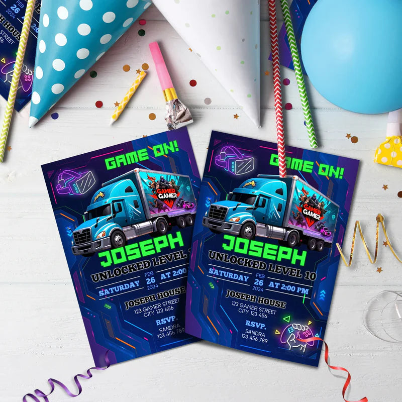 Game Truck Birthday Decorations, Video Games Party Supplies, VR Games Themed, VR Neon Digital Template, Editable Game Truck Image SVG PNG