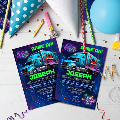 Game Truck Birthday Decorations, Video Games Party Supplies, VR Games Themed, VR Neon Digital Template, Editable Game Truck Image SVG PNG