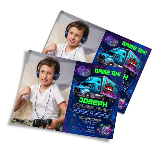 Game Truck photo card invitations, dark gaming theme with photo, flat layout on white background