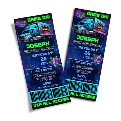 Game Truck birthday ticket invitations, gaming style ticket design, flat lay on white background