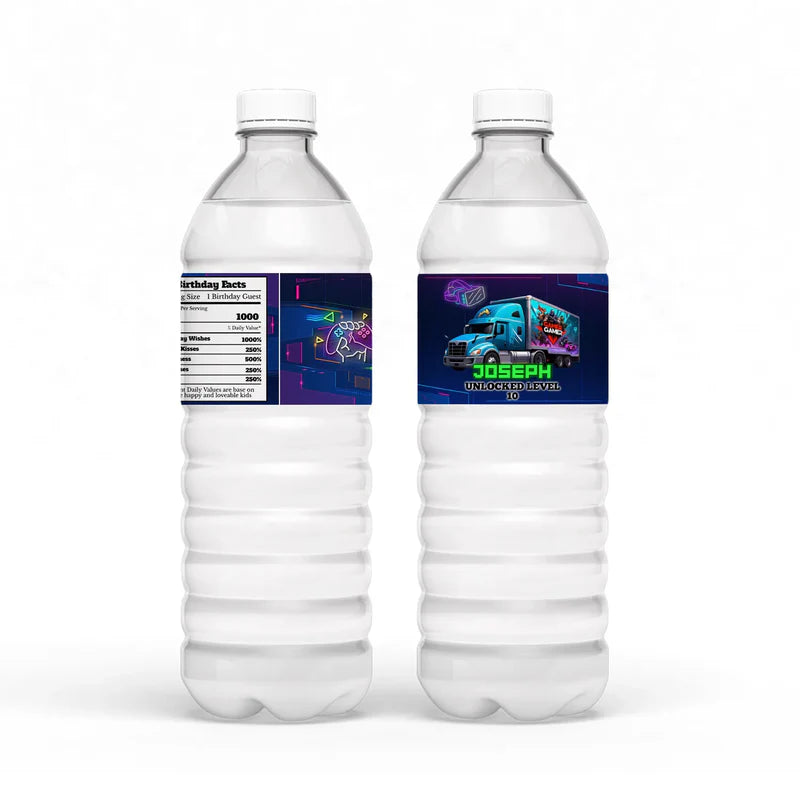 Game Truck water bottle label, bold wrap design, cylindrical mockup on white background