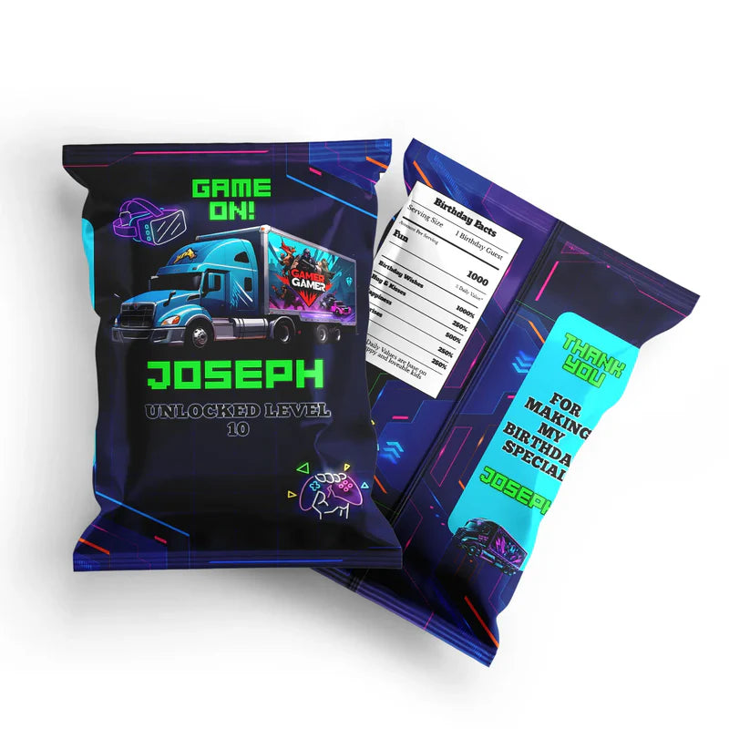 Game Truck chips bag label, bold snack wrapper design, flat mockup on white background