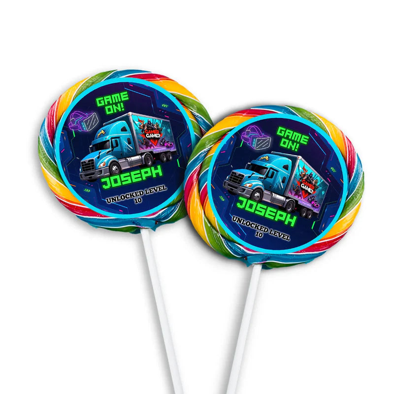 Game Truck lollipop label, gaming themed round sticker, candy stick mockup on white background