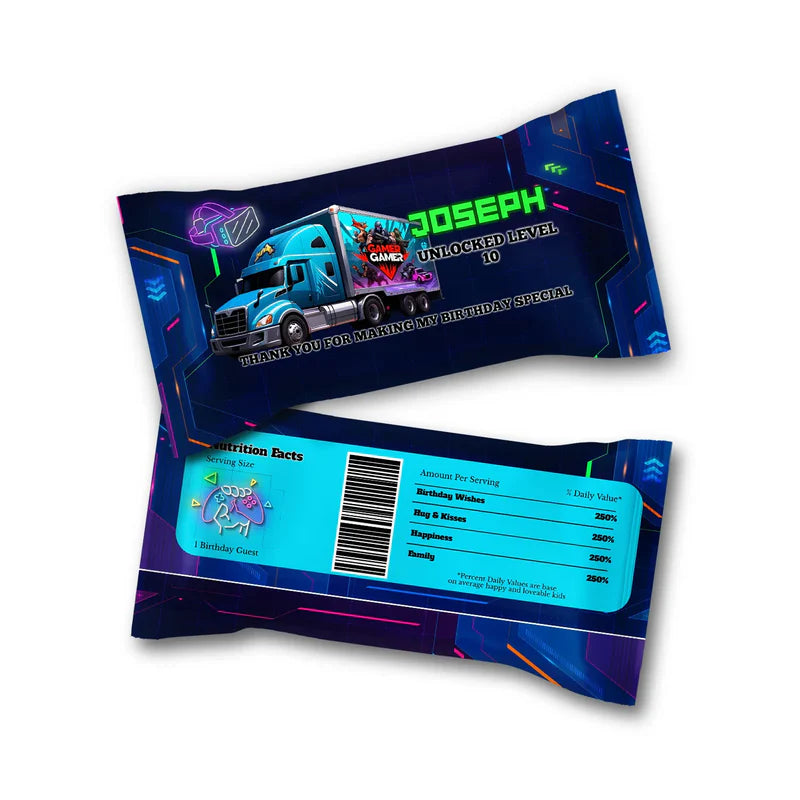Game Truck Skittles label, bold candy pack wrapper, flat layout on white background