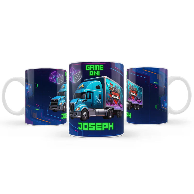 Game Truck sublimation mug, gaming wrap design on ceramic mug, mockup on white background