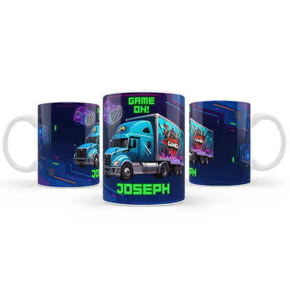 Game Truck sublimation mug, gaming wrap design on ceramic mug, mockup on white background