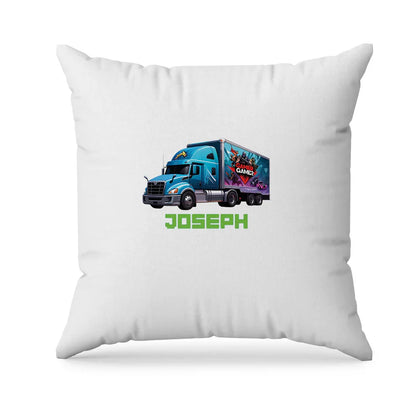 Game Truck sublimation pillowcase, bold gaming print, square pillow mockup on white background