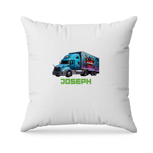 Game Truck sublimation pillowcase, bold gaming print, square pillow mockup on white background