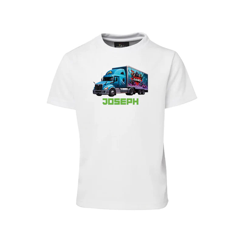 Game Truck sublimation T-shirt, gaming graphic design, flat lay apparel on white background