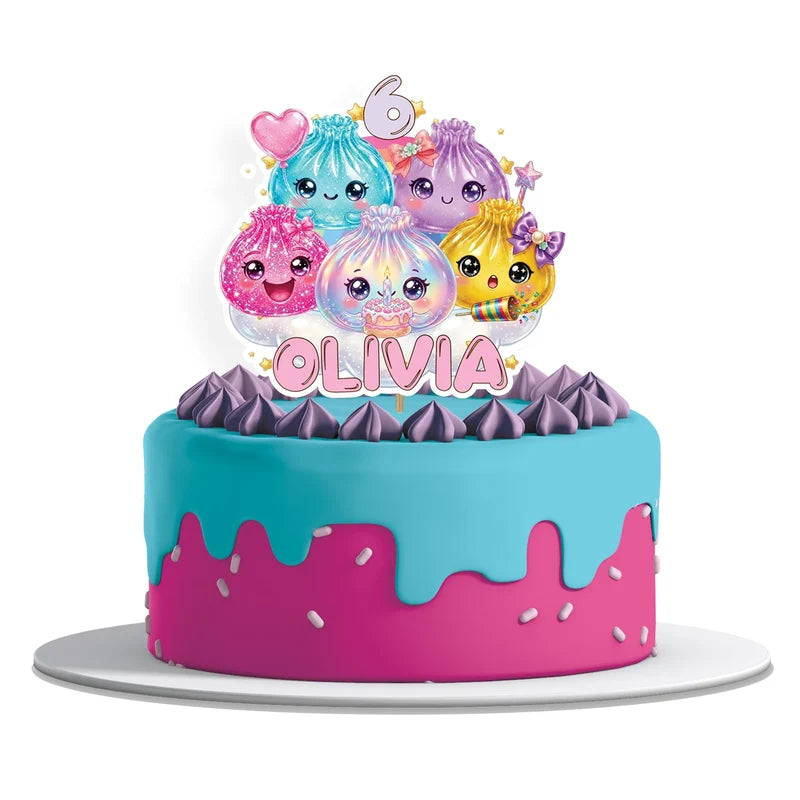 Glitter Dumpling personalized cake toppers featuring cute dumpling graphics on a modern dessert t display