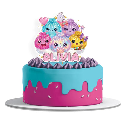 Glitter Dumpling personalized cake toppers featuring cute dumpling graphics on a modern dessert t display