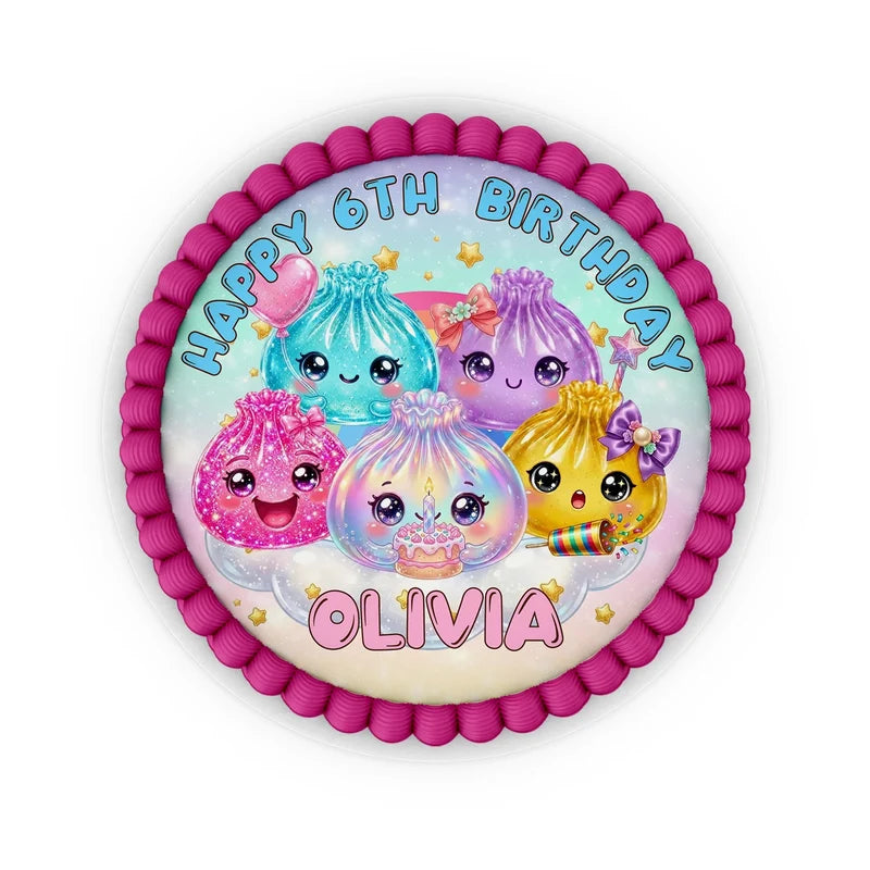 Glitter Dumpling edible icing cake images with sparkly dumpling illustrations placed on a frosted round cake