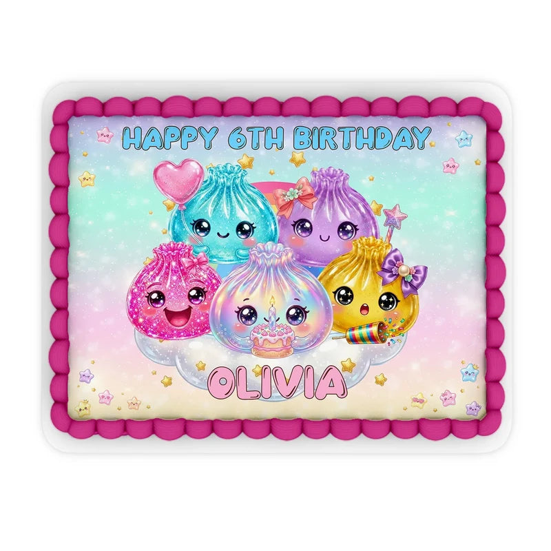 Glitter Dumpling custom sheet cake images showing a vibrant birthday layout on a large rectangle cake