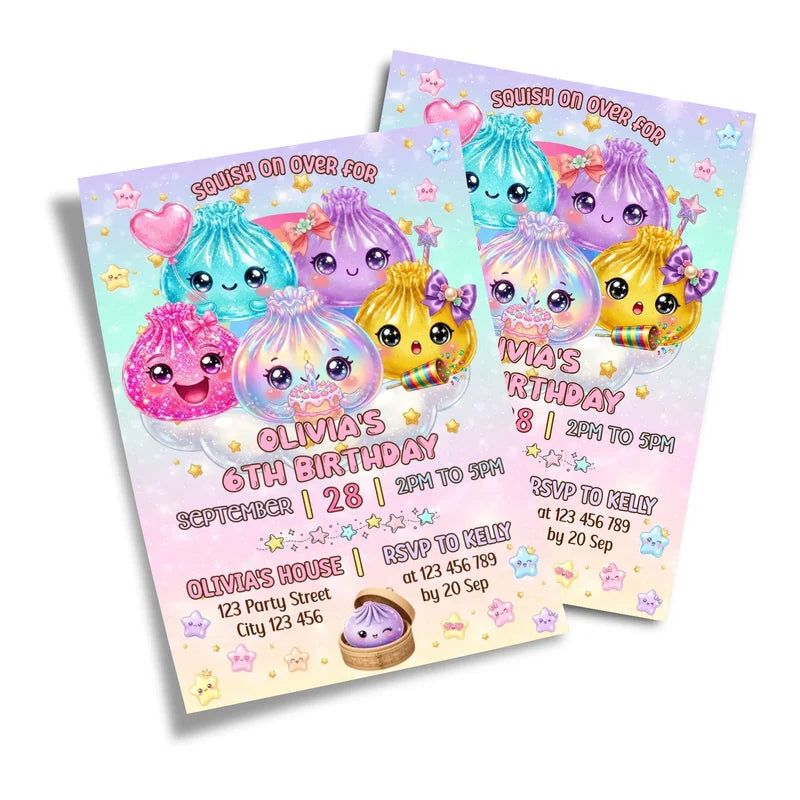 Glitter Dumpling birthday card invitations displaying a sparkly template layout on a minimal background